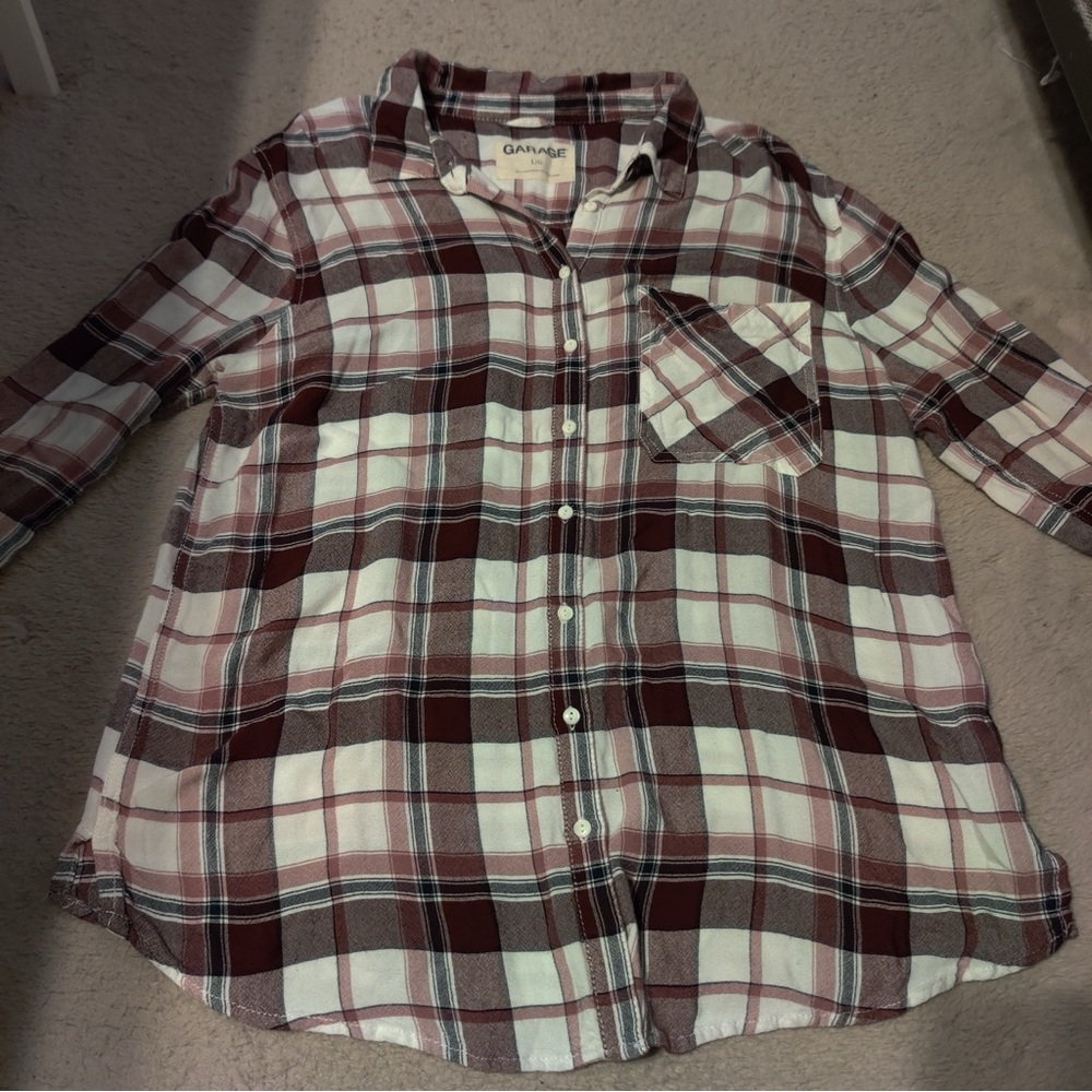 Garage Burgundy and White Plaid Button Front Shirt